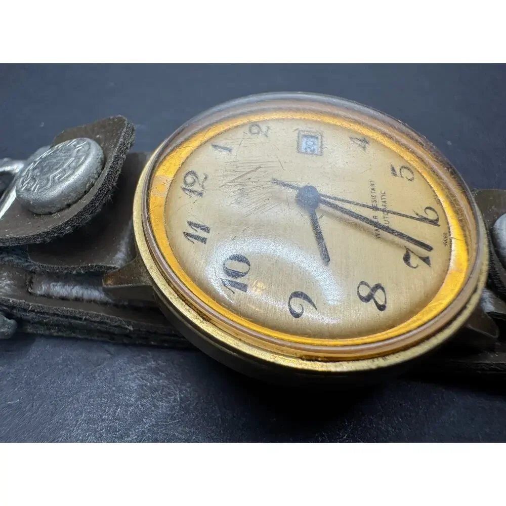 1973 Timex Viscount Men's Automatic WR Watch 46561 3273 Gold Tone Leather Band